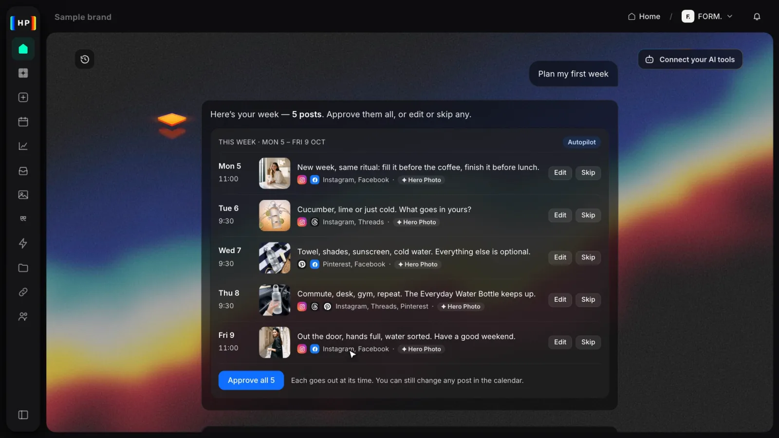 A week of five posts planned by Hero_Agent, each with Edit and Skip, and the Approve all 5 button