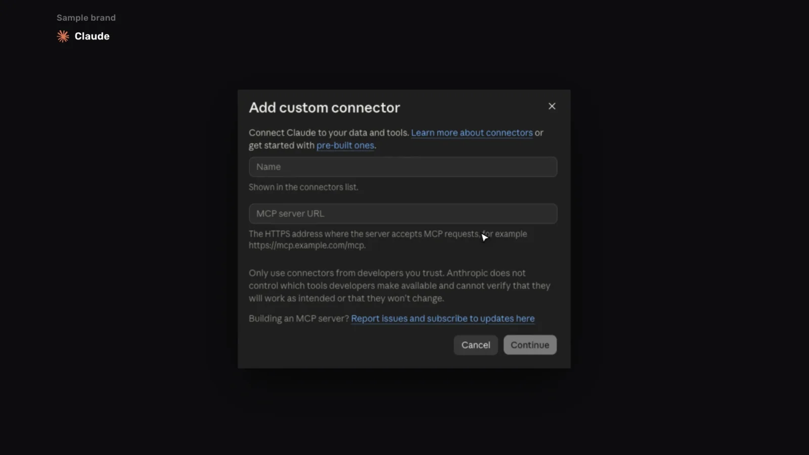 Claude’s Add custom connector form