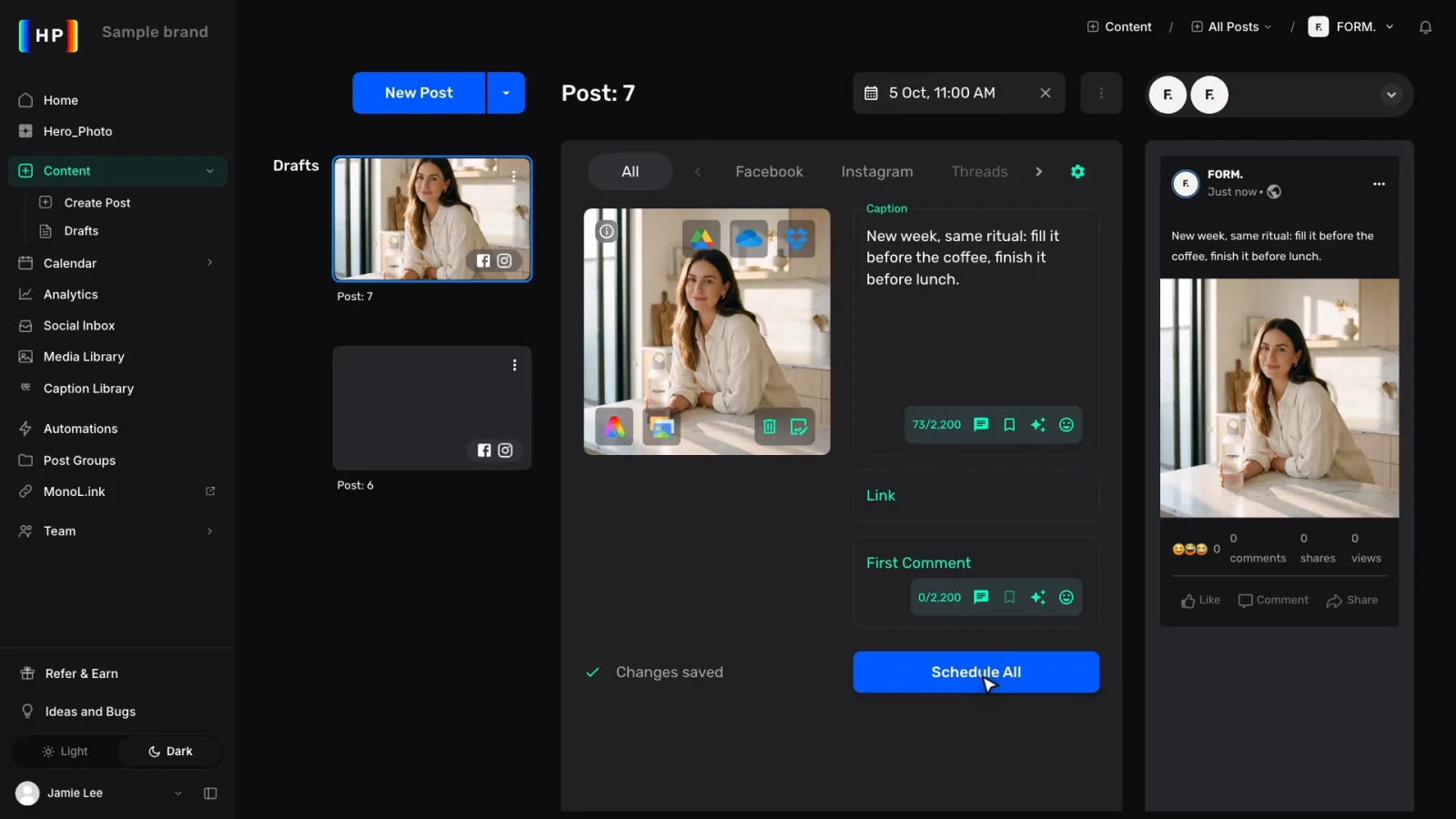 The Heropost post editor with the Schedule All button