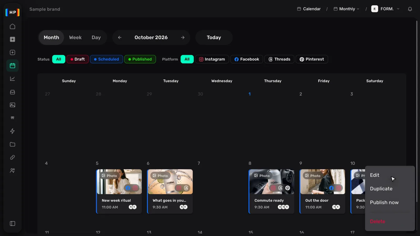 A post’s menu on the calendar: Edit, Duplicate, Publish now, Delete