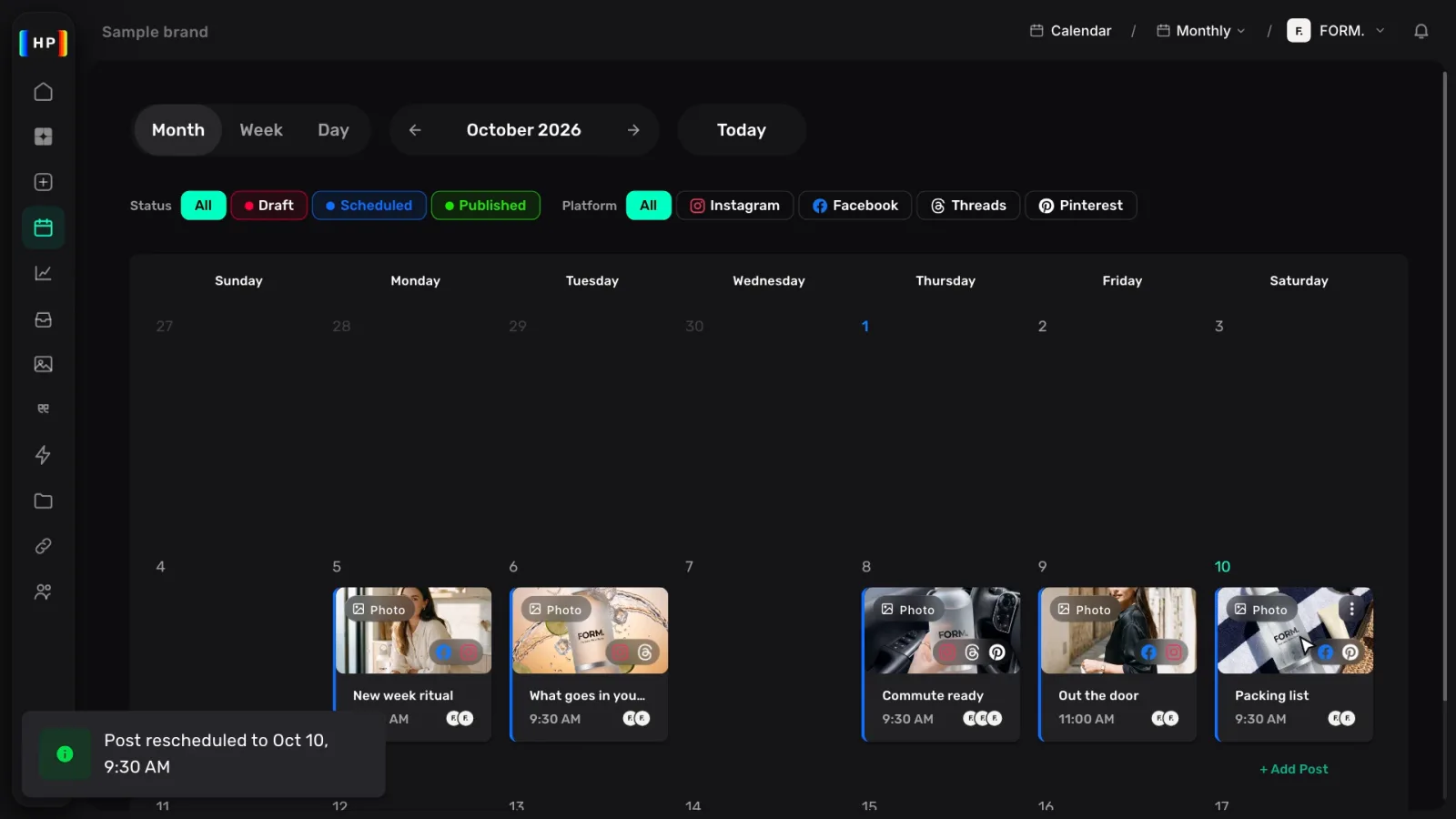 Month view after dragging a post, with the Post rescheduled confirmation