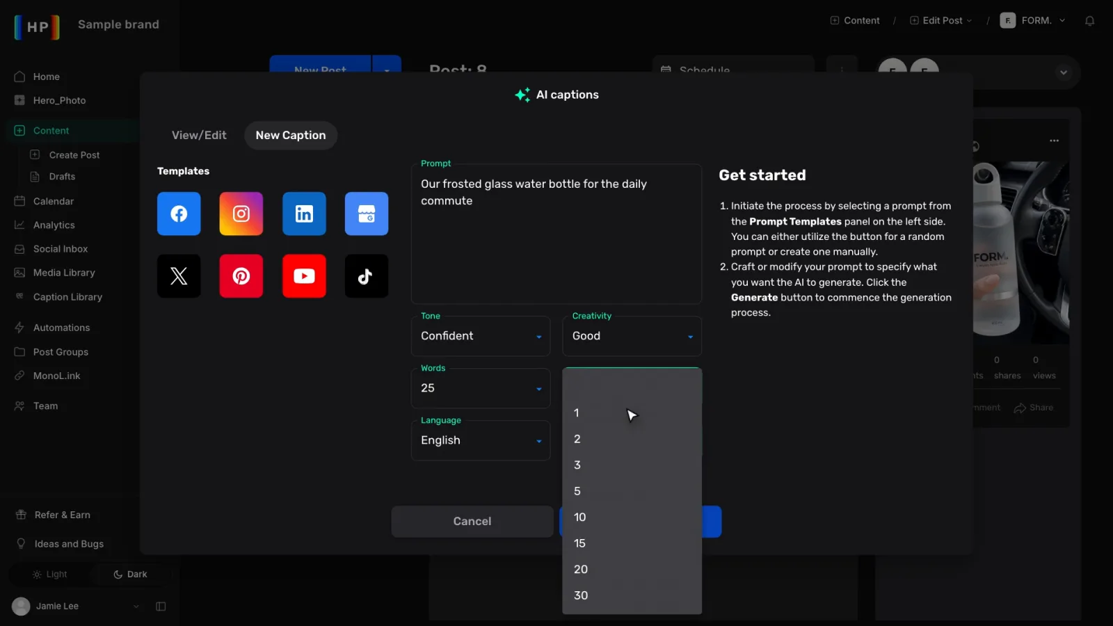 The AI captions dialog with templates, tone, creativity, words, hashtags and language